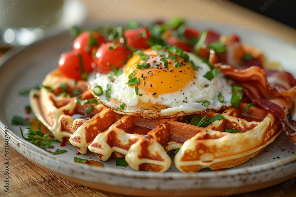 Delicious Waffles With Fried Egg Breakfast Plate Delicious Waffles With Fried Egg Breakfast Plate
