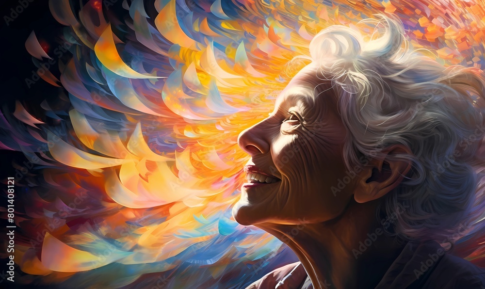 Elderly woman radiating serenity and gratitude, her face glowing with warmth and surrounded by a colorful, abstract aura, exemplifying the grace and beauty of aging gracefully