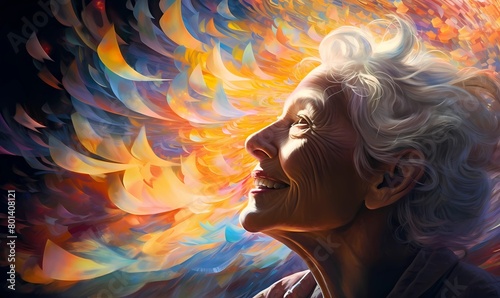 Elderly woman radiating serenity and gratitude, her face glowing with warmth and surrounded by a colorful, abstract aura, exemplifying the grace and beauty of aging gracefully