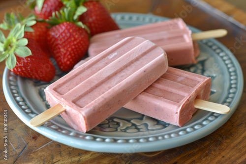 Homemade strawberry popsicles. Frozen fruit juice. Generative AI