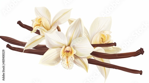 Illustration of white orchids intertwined with vanilla pods on a plain background.