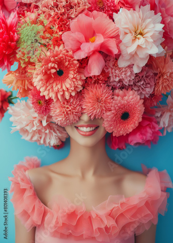 A creative portrait of a young and smiling girl with a large number of multicolored blooming flowers around her head, with cheerful and warm colors, in the spirit of spring, love, and happiness
