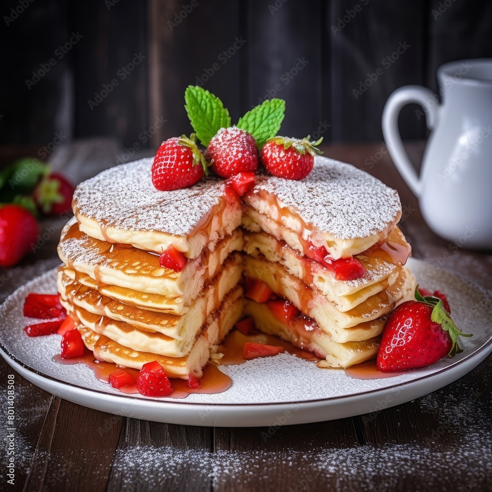 pancakes with topping of strawberry and mint leaf with cream pancakes with topping of strawberry and mint leaf with cream