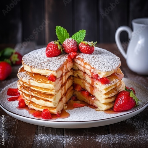 pancakes with topping of strawberry and mint leaf with cream