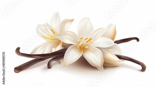 Realistic illustration of two blooming magnolia flowers and vanilla pods on a white background.