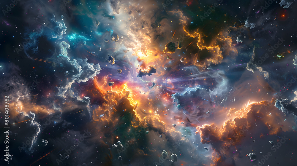 A cosmic explosion of abstract shapes and particles bursting forth in a symphony of color and motion, reminiscent of a supernova. 