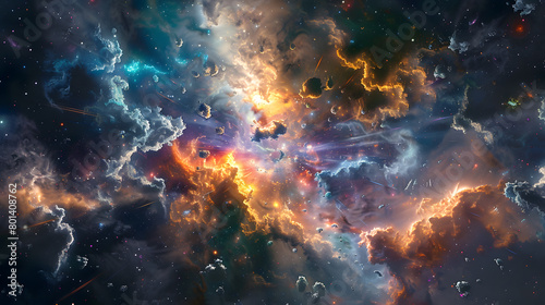 A cosmic explosion of abstract shapes and particles bursting forth in a symphony of color and motion, reminiscent of a supernova. 