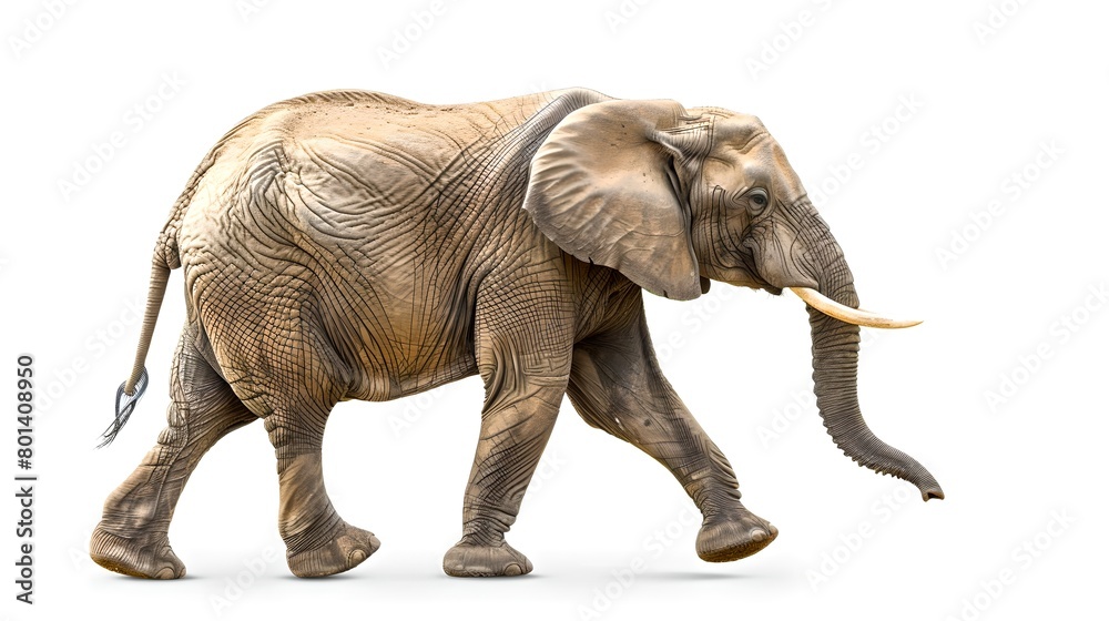 Obraz premium Graceful African Elephant Walking Isolated on White Background. Capturing the Beauty of Wildlife in Detail. Perfect for Educational and Marketing Materials. AI
