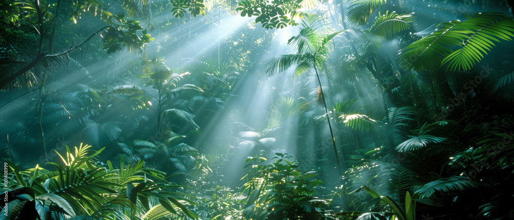 Obraz premium Sunlight filtering through the dense foliage of a rainforest