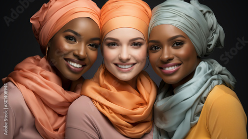 Three Women in Colorful Headscarves Smiling Together.