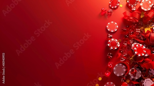A vivid red-themed image featuring casino chips, dice, ribbons, and stars scattered on a red background. © Natalia