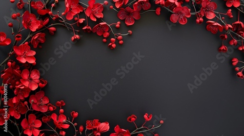 Vibrant red flowers and buds arranged on a dark background, creating a frame with ample copy space.