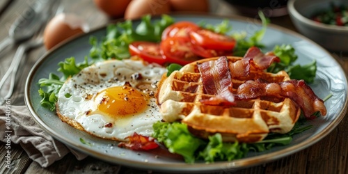 Plate of Food With Eggs, Bacon, and Lettuce photo