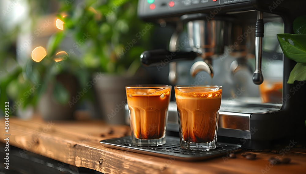 glasses of hot espresso on table in kitchen