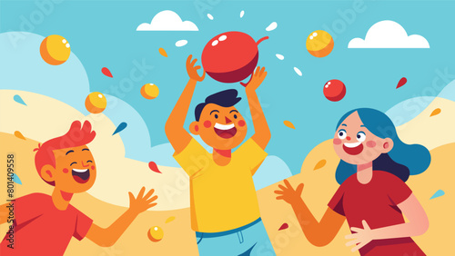 Squeals of delight as a water balloon toss gets more and more chaotic refreshing the participants on a hot summer day.. Vector illustration