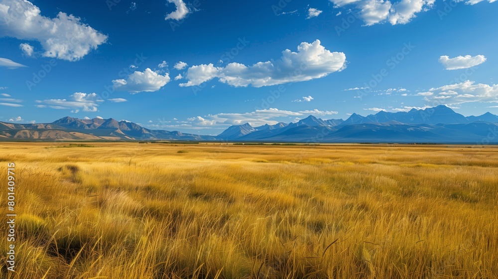 Expansive golden fields stretch beneath a vivid blue sky dotted with clouds, leading to distant mountains.