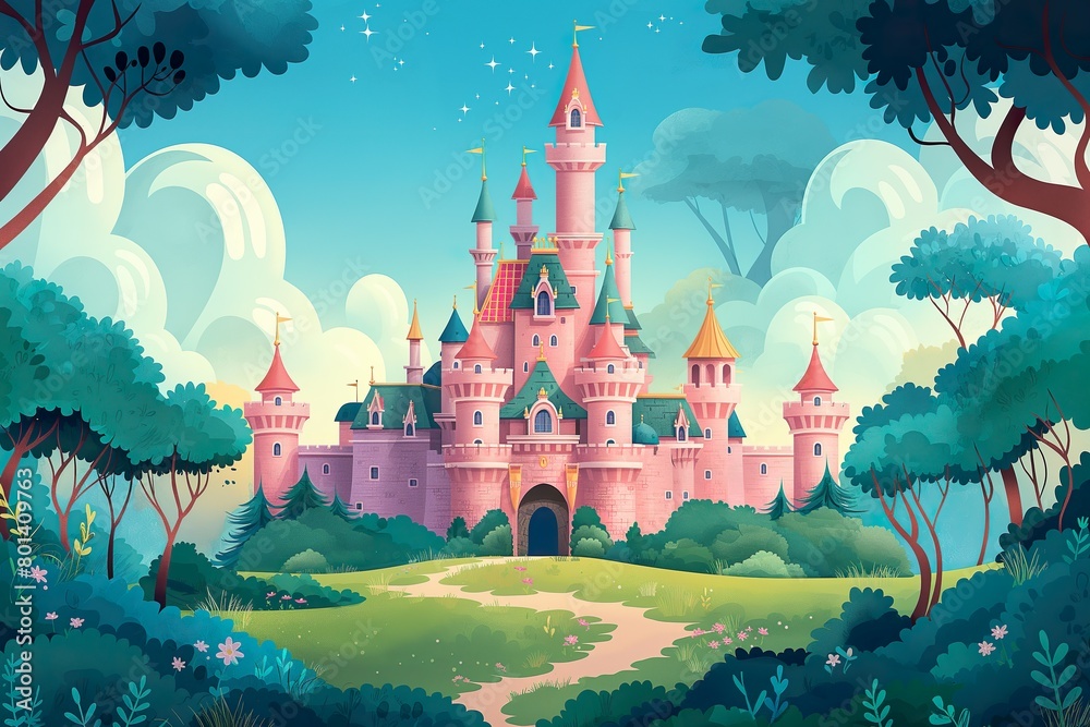 wallpaper illustration of a princess castle, pink castle cartoon