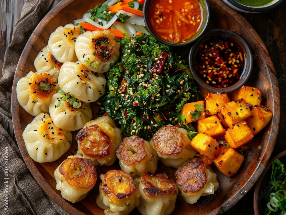 Plate of Dumplings and Vegetables With Dipping Sauces Plate of Dumplings and Vegetables With Dipping Sauces