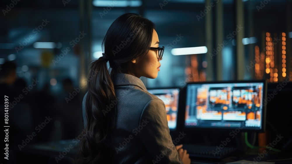 Professional Woman Monitoring Data at Night in High-Tech Office Professional Woman Monitoring Data at Night in High-Tech Office