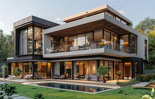 A stunning modern house with large windows, surrounded by lush greenery and an expansive lawn. The exterior is adorned with wood accents and glass walls. Created with Ai