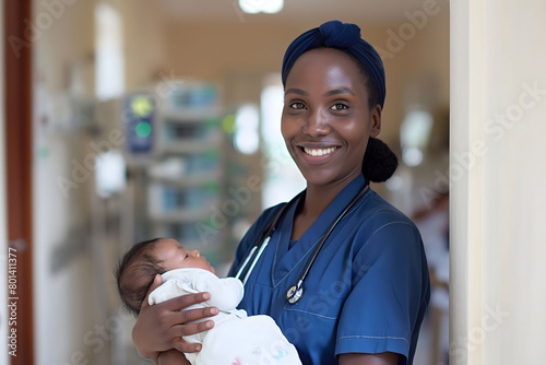 Happy nurse midwife holds newborn baby in arms at hospital. International Nurses Day concept.