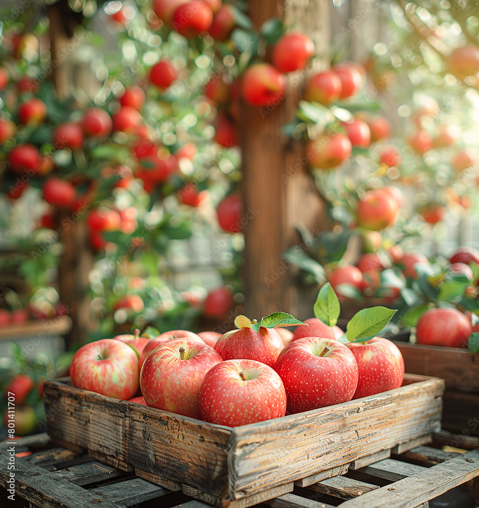 Ripe red apples are collected in a wooden box against the background of a garden and sunlight. The concept of agriculture, healthy and natural nutrition Ripe red apples are collected in a wooden box against the background of a garden and sunlight. The concept of agriculture, healthy and natural nutrition