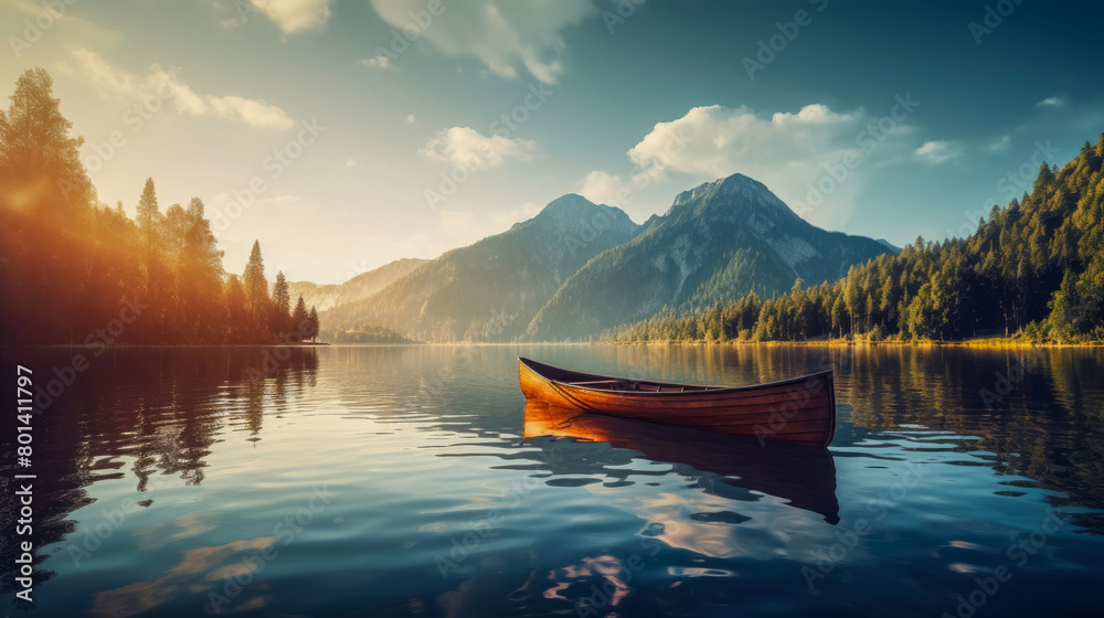 Lonely wooden canoe floating on calm mountain lake. Summer forest on background of sunset. Illustration traveling boat in river, green trees, natural light, nature landscape backdrop. No people.