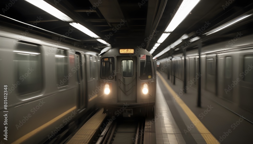 A blurred image of a moving subway train 