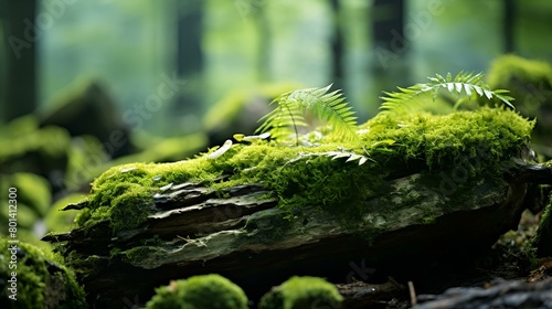 Mossy forest scene with green plants on a log