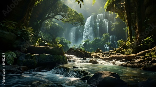 A serene jungle waterfall with water gracefully flowing through it