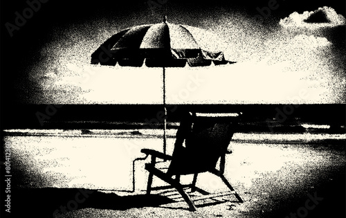 Beach landscape with deck chair and umbrella. Relaxing vacation card in retro, dotwork style