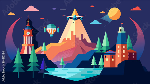 A visual journey through the American landscape as drones create a stunning light show featuring iconic landmarks and landscapes from coast to coast.. Vector illustration