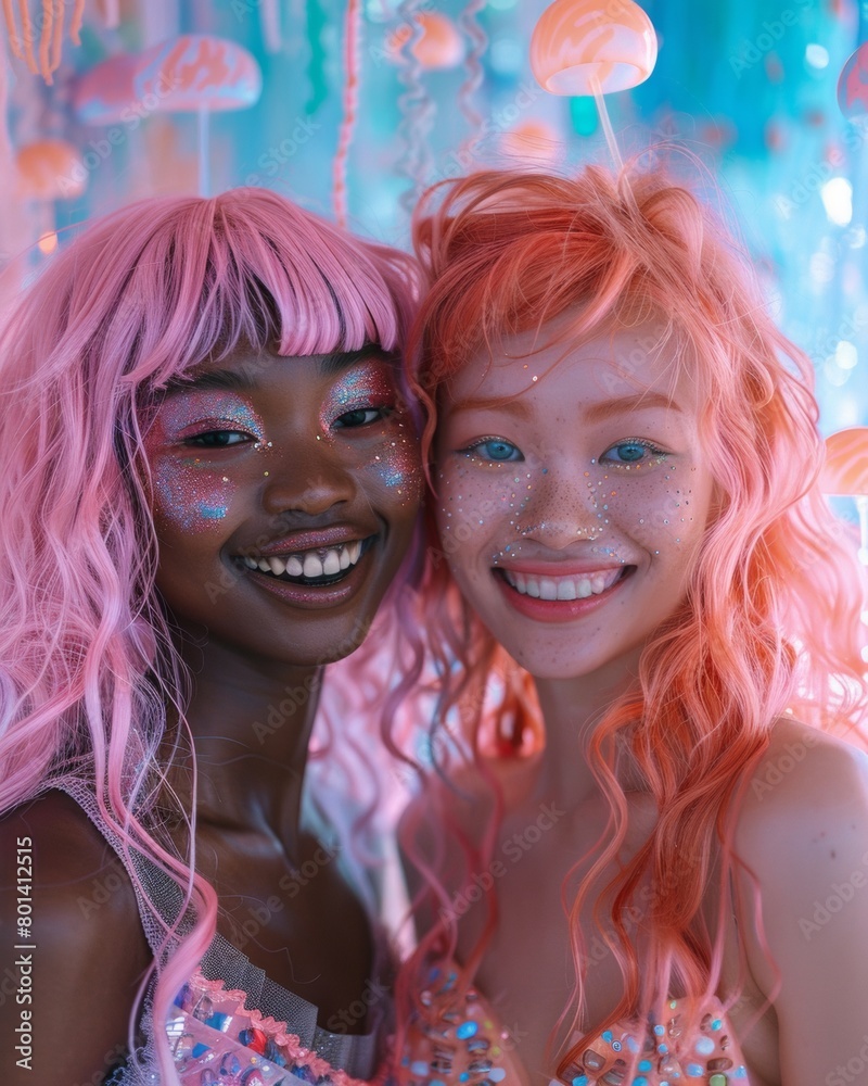 Playful Beauty Campaign: Cheerful Models with Black Skin and Vibrant Hair Celebrate Squishy Aesthetic in Jellyfish-Inspired Setting