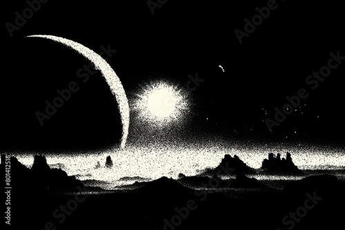 Alien planet landscape in retro dotwork style. Planets and satellites over unknown planet in space. Sci-fi world landscape, beyond our galaxy