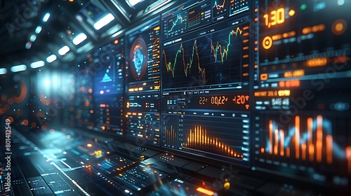 An immersive financial monitoring system portrayed as a futuristic dashboard, where multiple displays feature rising stock graphs in shades of blue. © LuvTK