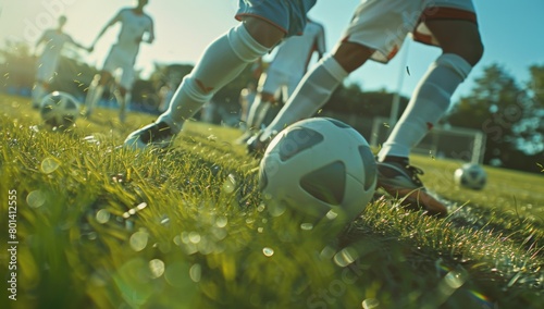 Soccer ball soars mid-game, tension electrifies the field. photo