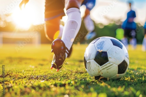 Soccer ball soars mid-game, tension electrifies the field. photo