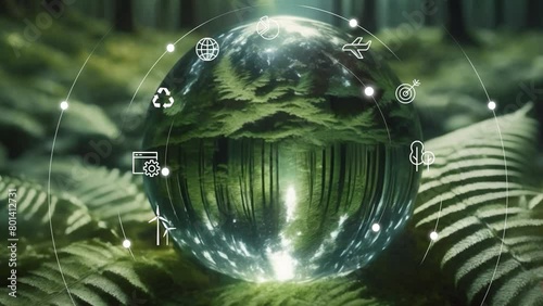 Circular economy concept for future business growth and environmental sustainability and reduce pollution for future business and environmental growth.Crystal gloge with digital icons no logo 4k loop