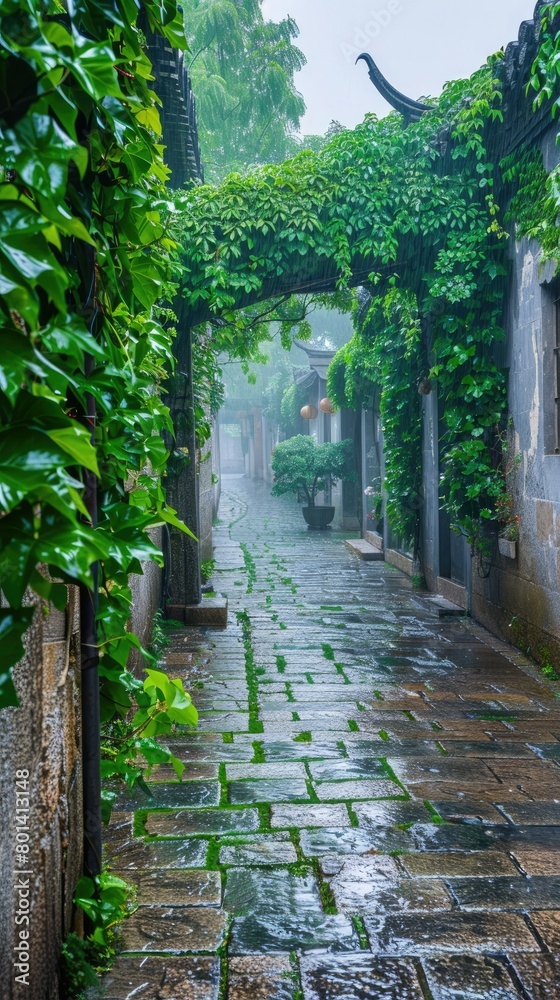 Jiangnan Rain Lane: A Serene Journey Through Rain-soaked Walls and Lush Greenery