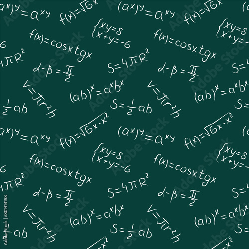 Seamless pattern of chalk set of mathematical theory formula, calculation and equation. Doodle math blackboard. Handwritten white chalked geometry signs and equations on green school chalkboard