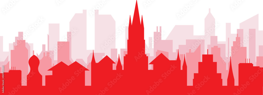 Red panoramic city skyline poster with reddish misty transparent background buildings of GLASGOW, UNITED KINGDOM Red panoramic city skyline poster with reddish misty transparent background buildings of GLASGOW, UNITED KINGDOM