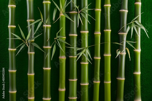 Vertical bamboo stalks with dark green leaves against vibrant green background  creating depth