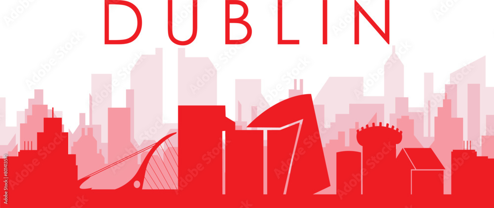 Red panoramic city skyline poster with reddish misty transparent background buildings of DUBLIN, IRELAND
