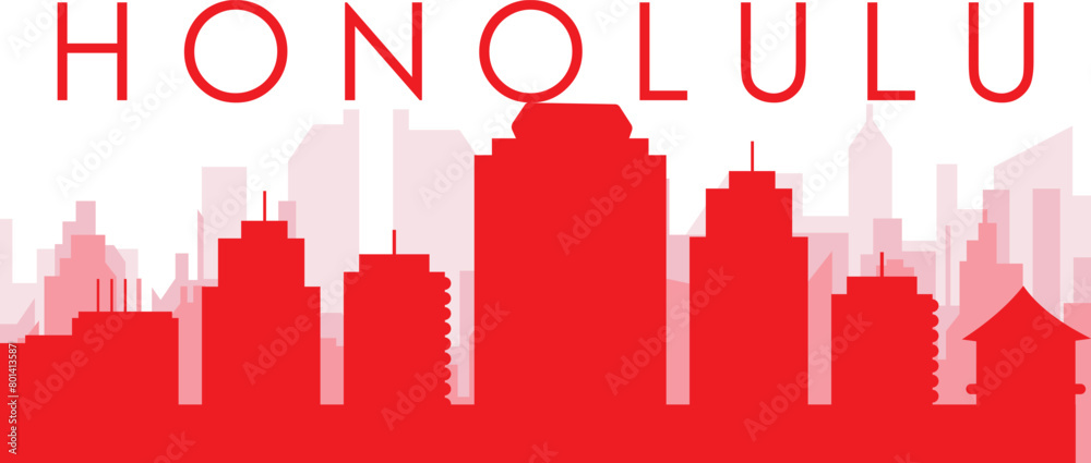 Red panoramic city skyline poster with reddish misty transparent background buildings of HONOLULU, UNITED STATES