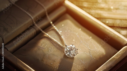 Sparkling Diamond Necklace: Close-Up of Shimmering and Textured Diamond Necklace in Jewelry Box