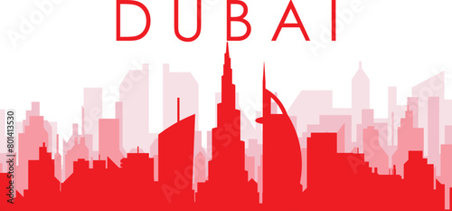 Red panoramic city skyline poster with reddish misty transparent background buildings of DUBAI  UNITED ARAB EMIRATES