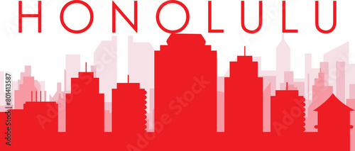 Red panoramic city skyline poster with reddish misty transparent background buildings of HONOLULU  UNITED STATES