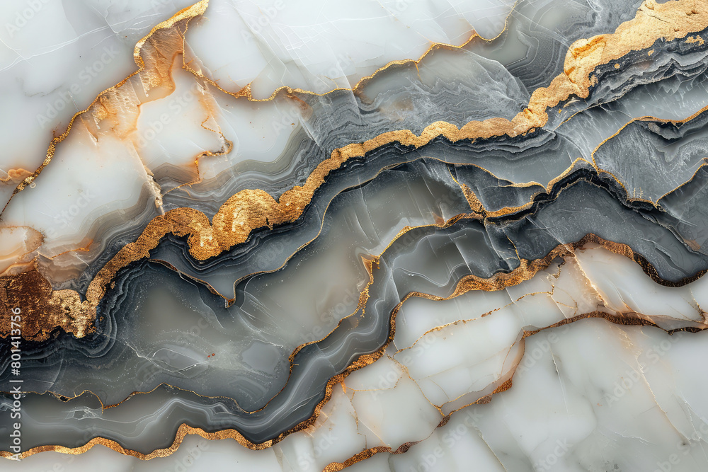 A highly detailed marble pattern with golden veins, showcasing the intricate textures and patterns of white and grey agate stone. Created with Ai