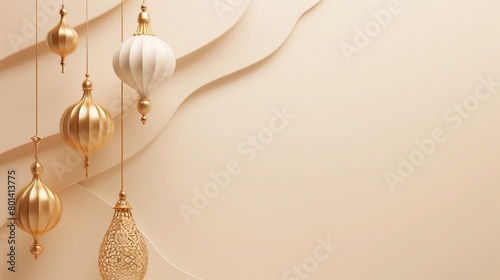 Elegant beige and gold Eid Mubarak banner with hanging lanterns and ornate decorations.