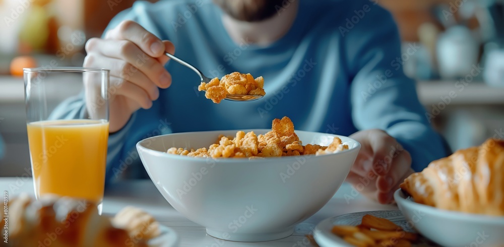 Man enjoying a bowl of crunchy cereal at the breakfast table with morning light shining in close-up
